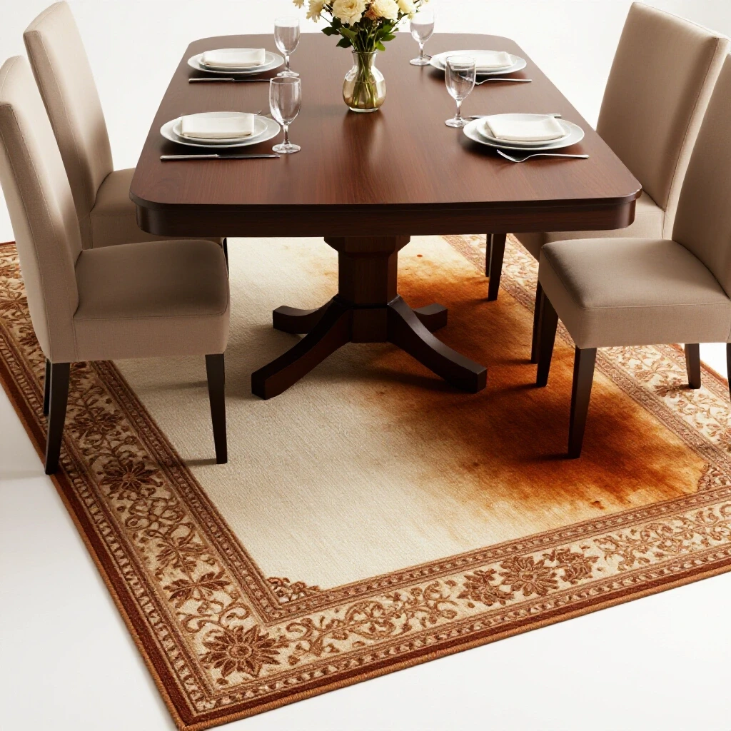 Elegant dining table set with a contrasting area rug showcasing stain resistance, inviting and warm colors.