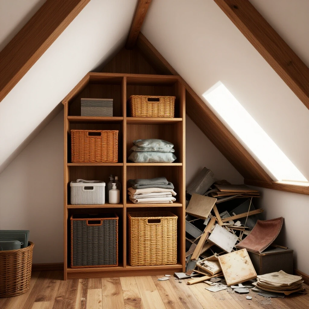 A visual comparison of an organized attic with effective storage solutions next to a cluttered area showing heat damage.