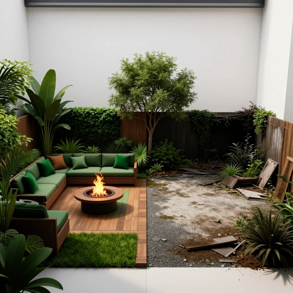 Vibrant split-screen of a cozy, well-landscaped backyard contrasted with a dilapidated outdoor space, illustrating transformation potential.