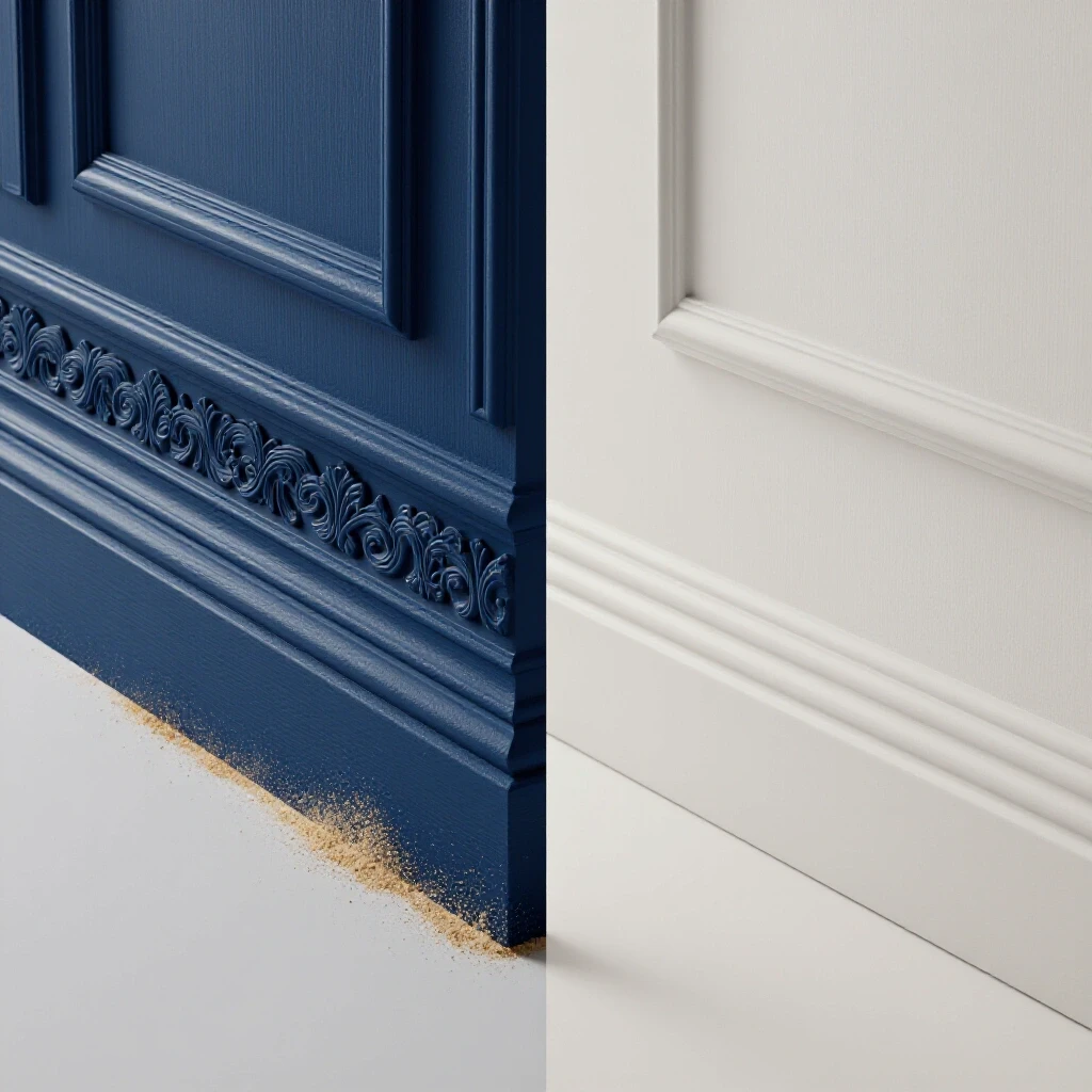 A comparison image showing an ornate baseboard collecting dust in a styled room versus a sleek, easy-to-clean baseboard in a minimalist space.