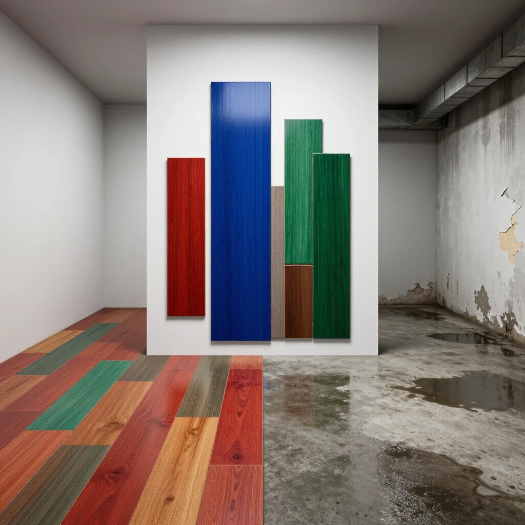 A visual comparison of vibrant flooring options against a damp basement area, showing potential transformation.