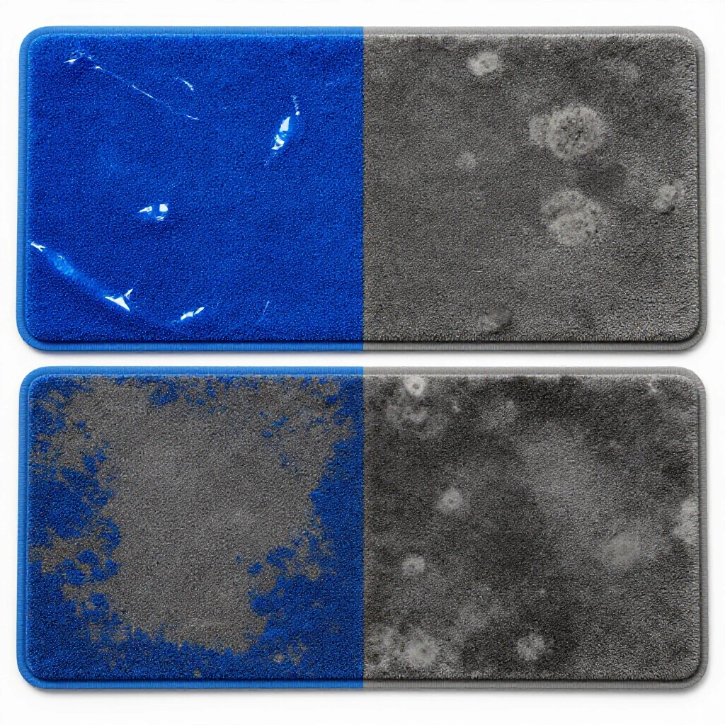 A vibrant bath mat made from mold-resistant material contrasts with a dull, moldy mat, highlighting differences in quality.