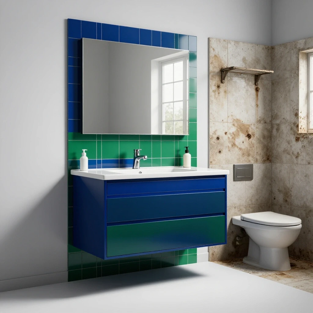 Side-by-side comparison of a modern remodeled bathroom and an outdated bathroom highlighting fixture upgrades and styles.