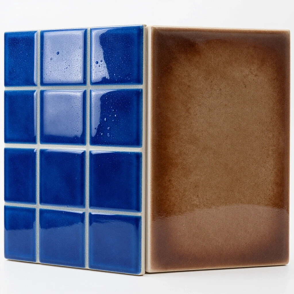 Comparison of glossy easy-to-clean bathroom tile and textured dirt-prone tile in a split scene.