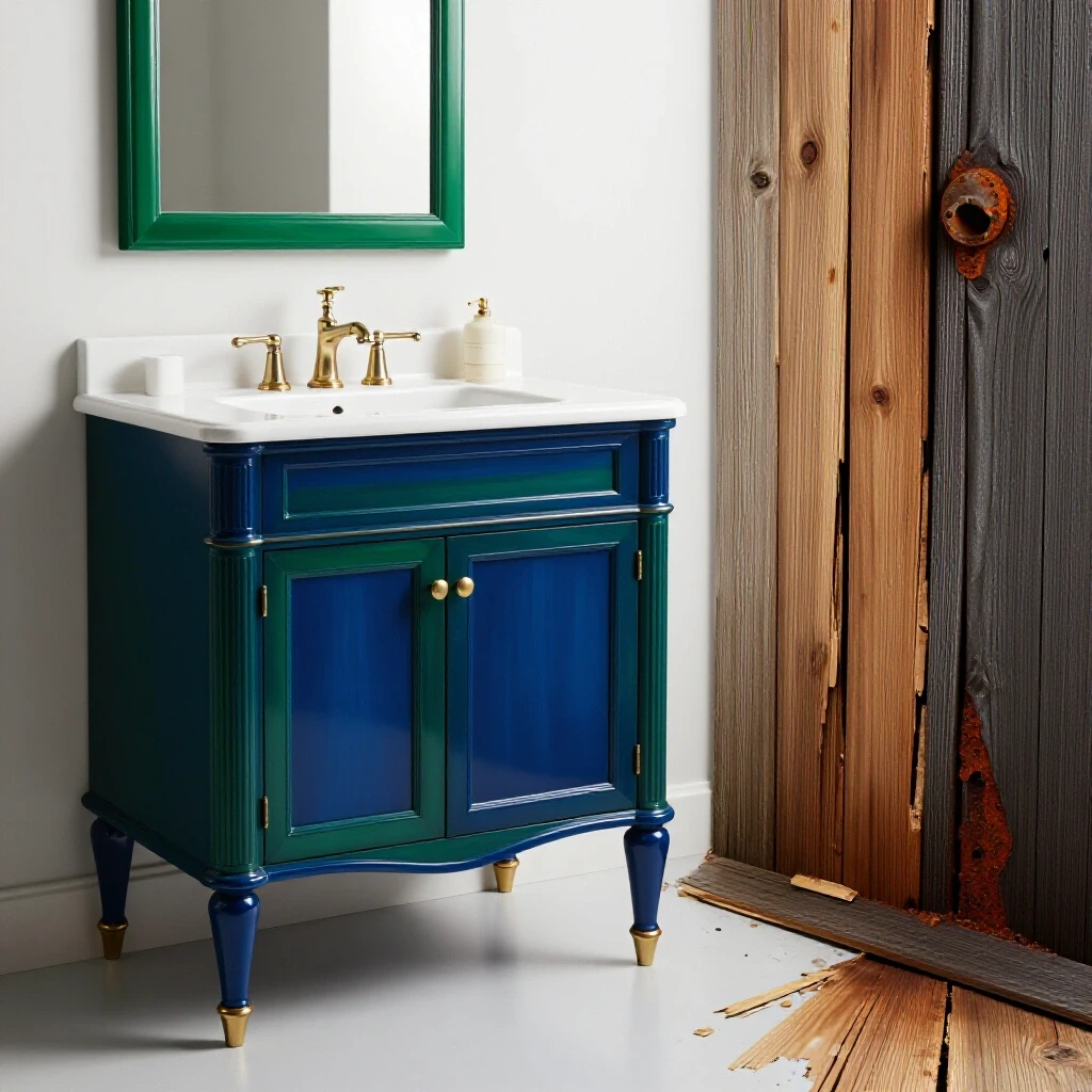 A luxurious bathroom vanity contrasted with water damage effects, showcasing material differences in rich colors.