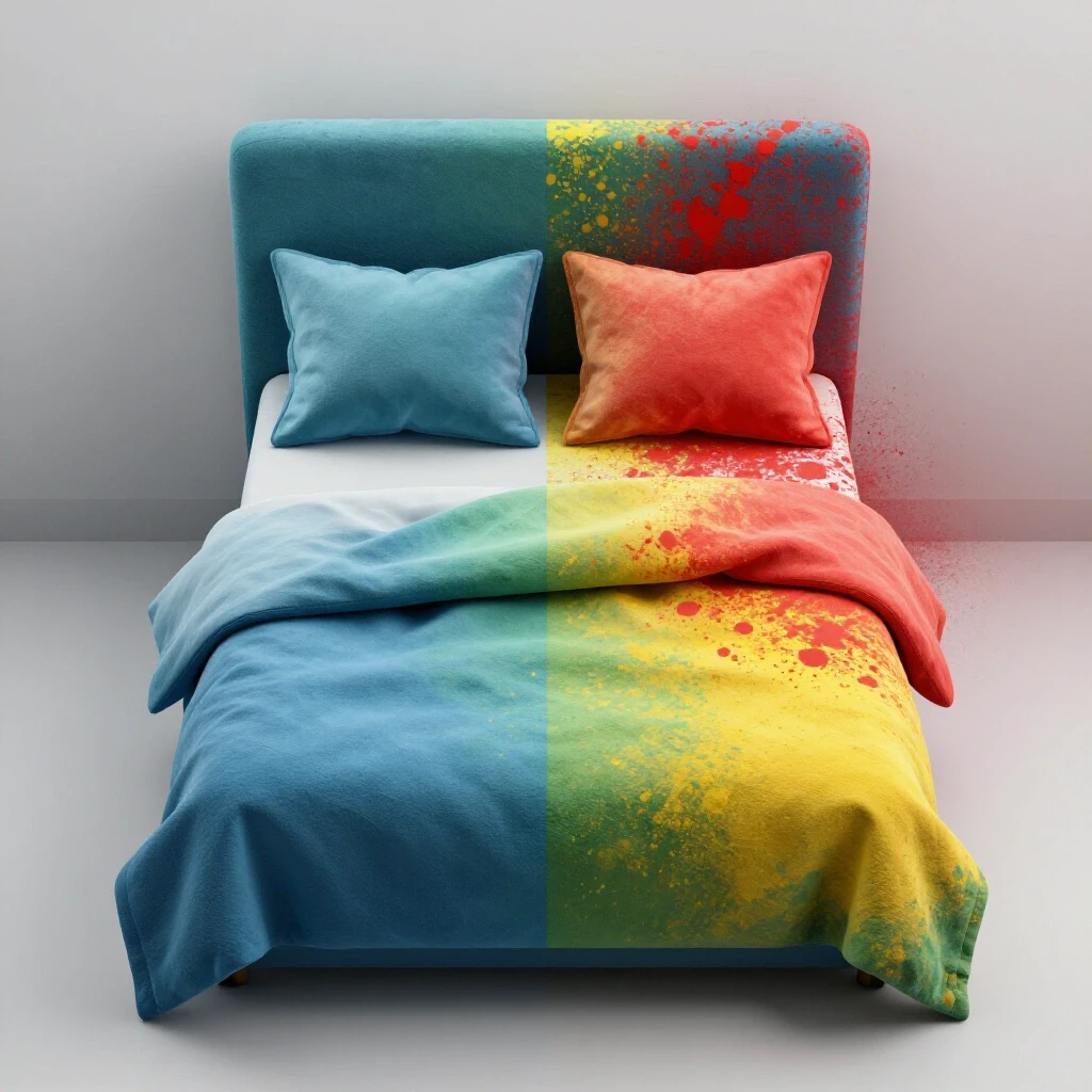 A serene bedroom showcasing calming blue and green tones contrasted with a vibrant red and yellow chaotic area, illustrating color's impact on sleep quality.