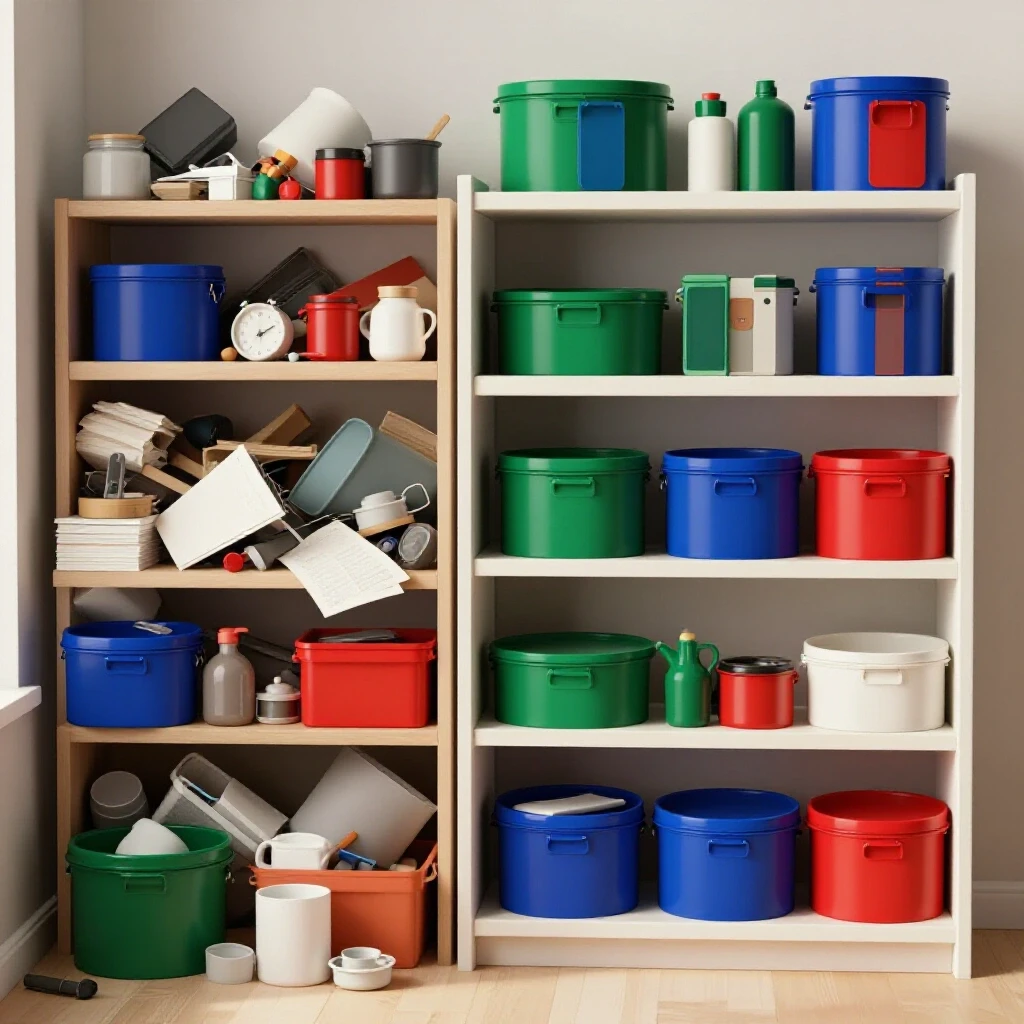 A visually captivating contrast of cluttered versus organized spaces showcasing budget-friendly organizing products.