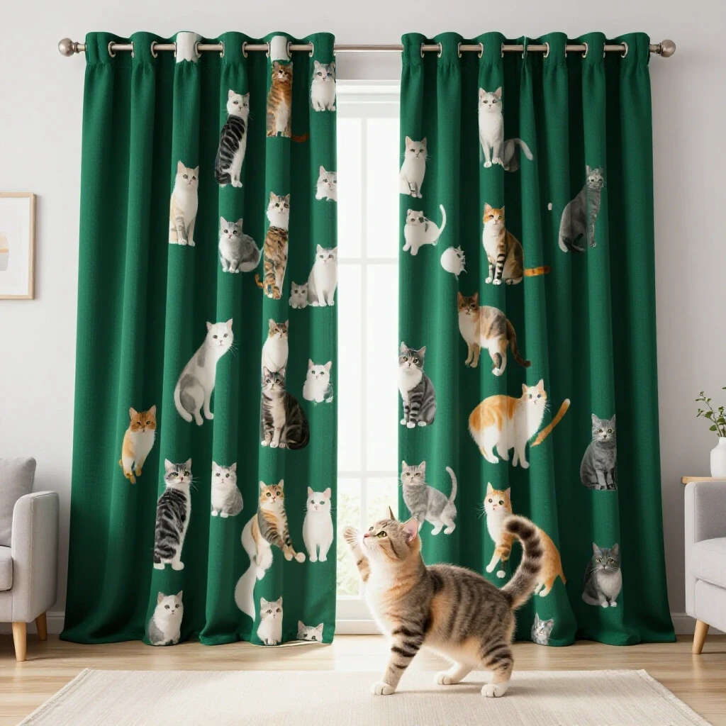 Stylish living room featuring vibrant cat-proof curtains and a curious cat playing with a decorative item.