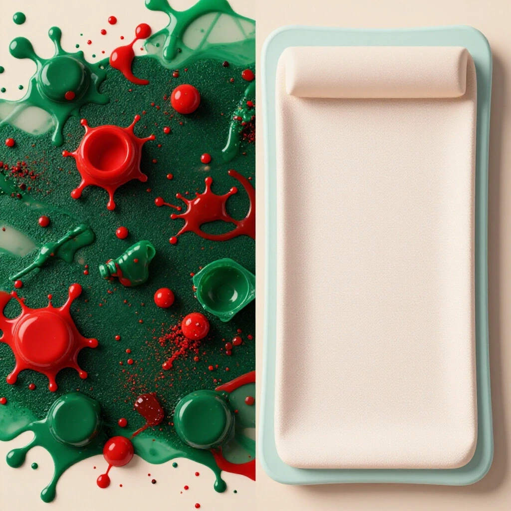 A split image showing a messy scene with baby food splatters on one side and a clean changing pad setup on the other side, demonstrating material effectiveness.