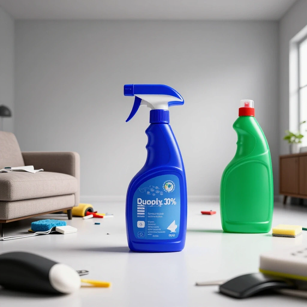 A vibrant cleaning spray and surface cleaner against a bright background, symbolizing home cleaning transformation.