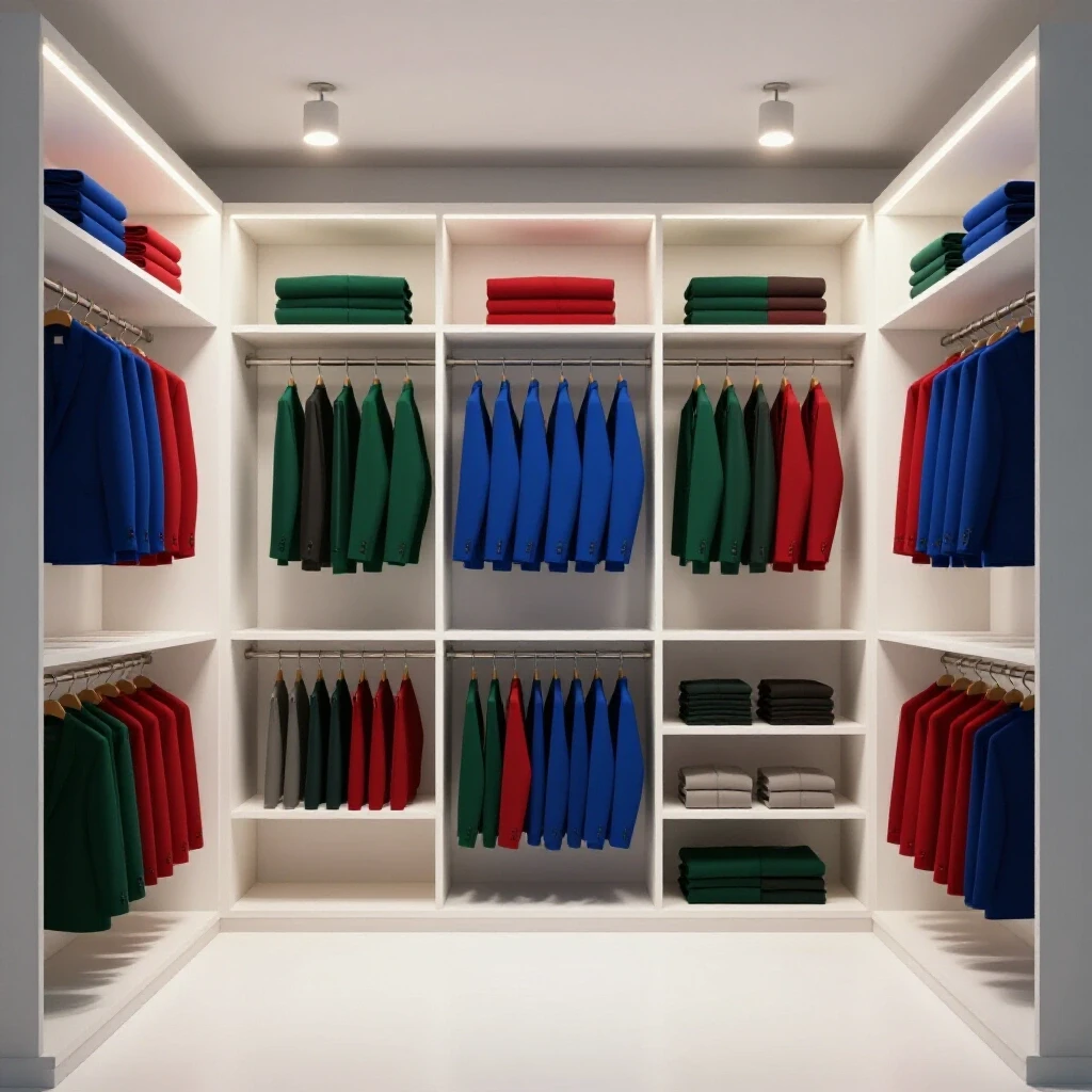 An elegantly organized closet featuring bright pendant lights and LED strips with a soft morning light ambiance.