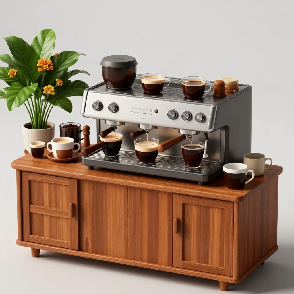 A stylish coffee station featuring warm wood cabinets, dark coffee mugs, and a green plant for a cozy atmosphere.