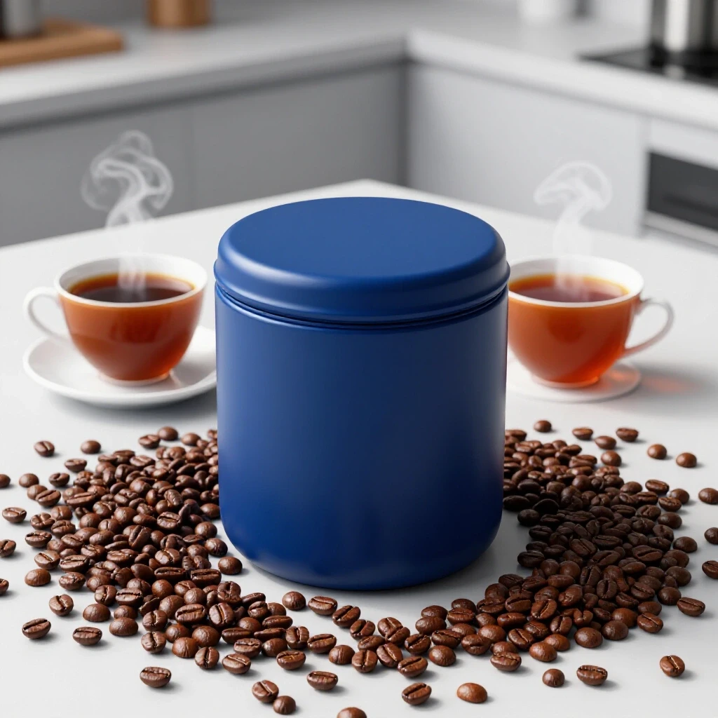 A modern royal blue coffee storage container with fresh coffee beans and a steaming cup of coffee, set in a bright kitchen.