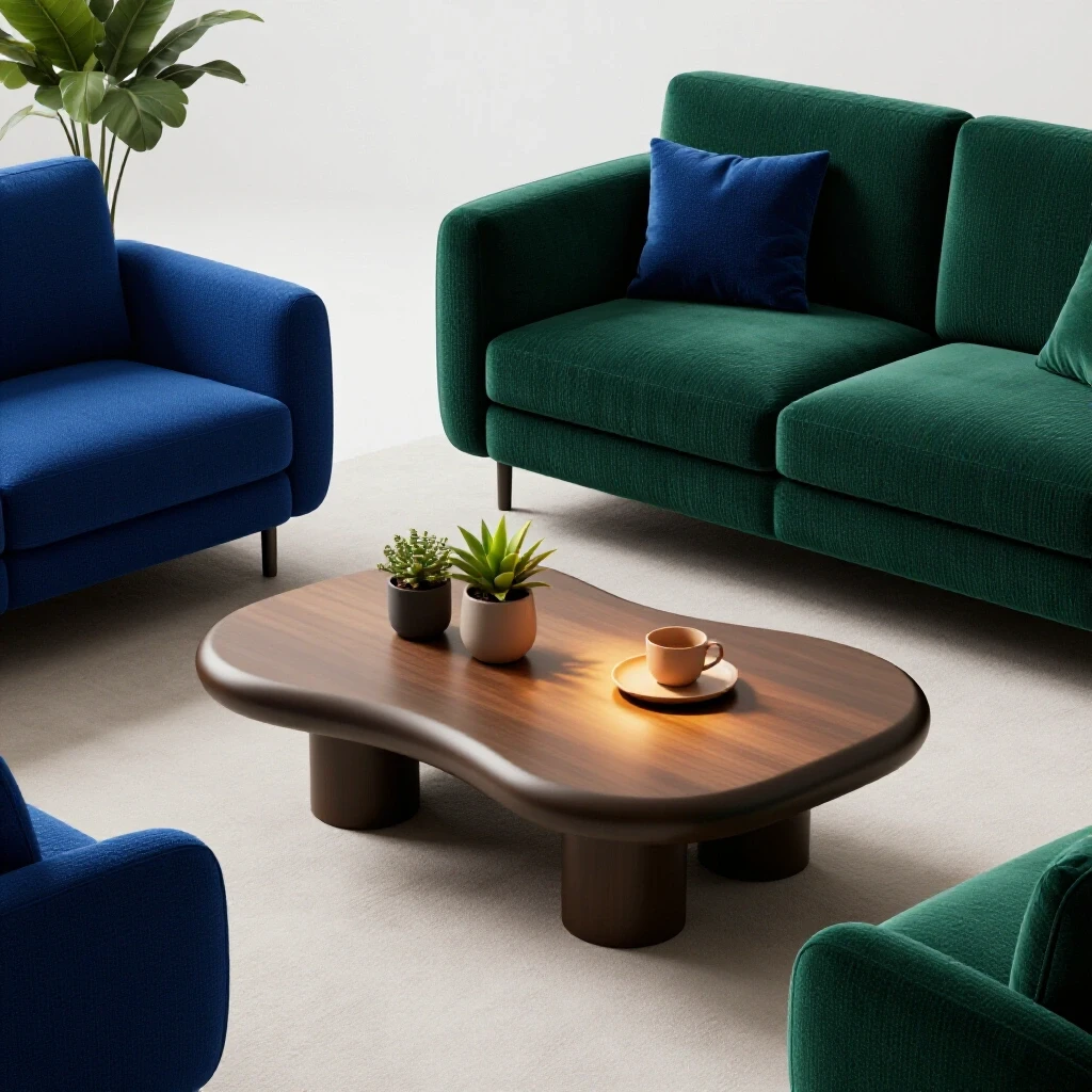 A cozy small living room with a unique coffee table at the center, surrounded by colorful furniture and greenery.
