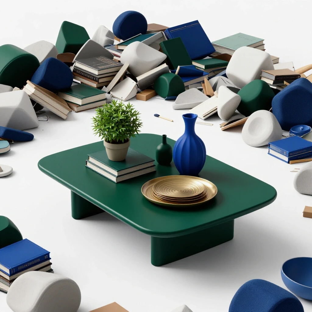 A stylish coffee table elegantly arranged with decor items, contrasted by a cluttered side area, showcasing a clutter-free living concept.