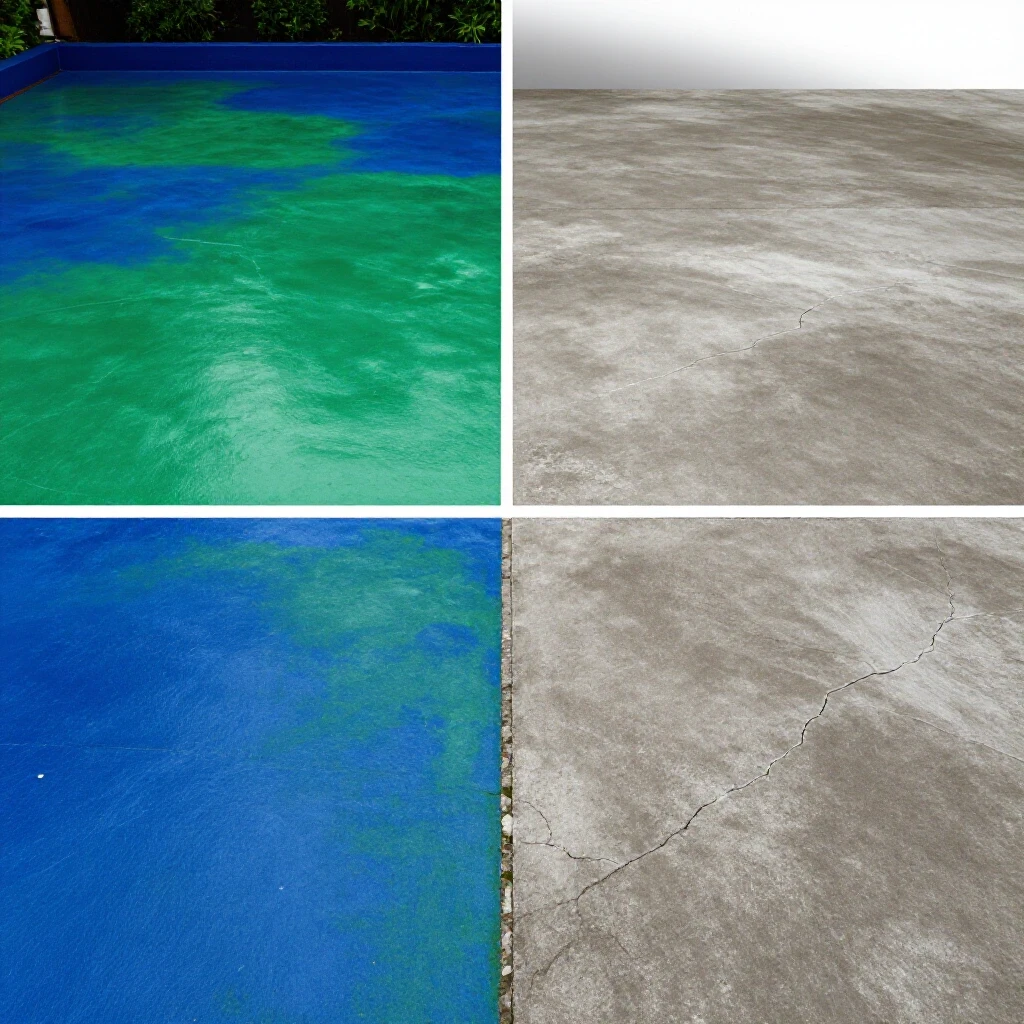 A split image comparing a glossy, vibrant patio sealer with a dull, cracked surface to highlight the transformation.