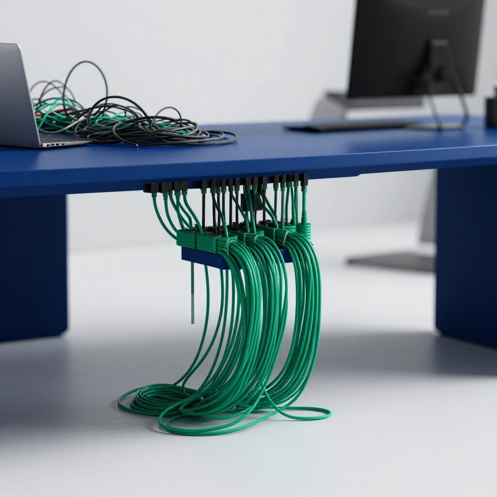 A modern office desk featuring an organized cord management system against a blurred background of tangled cords.
