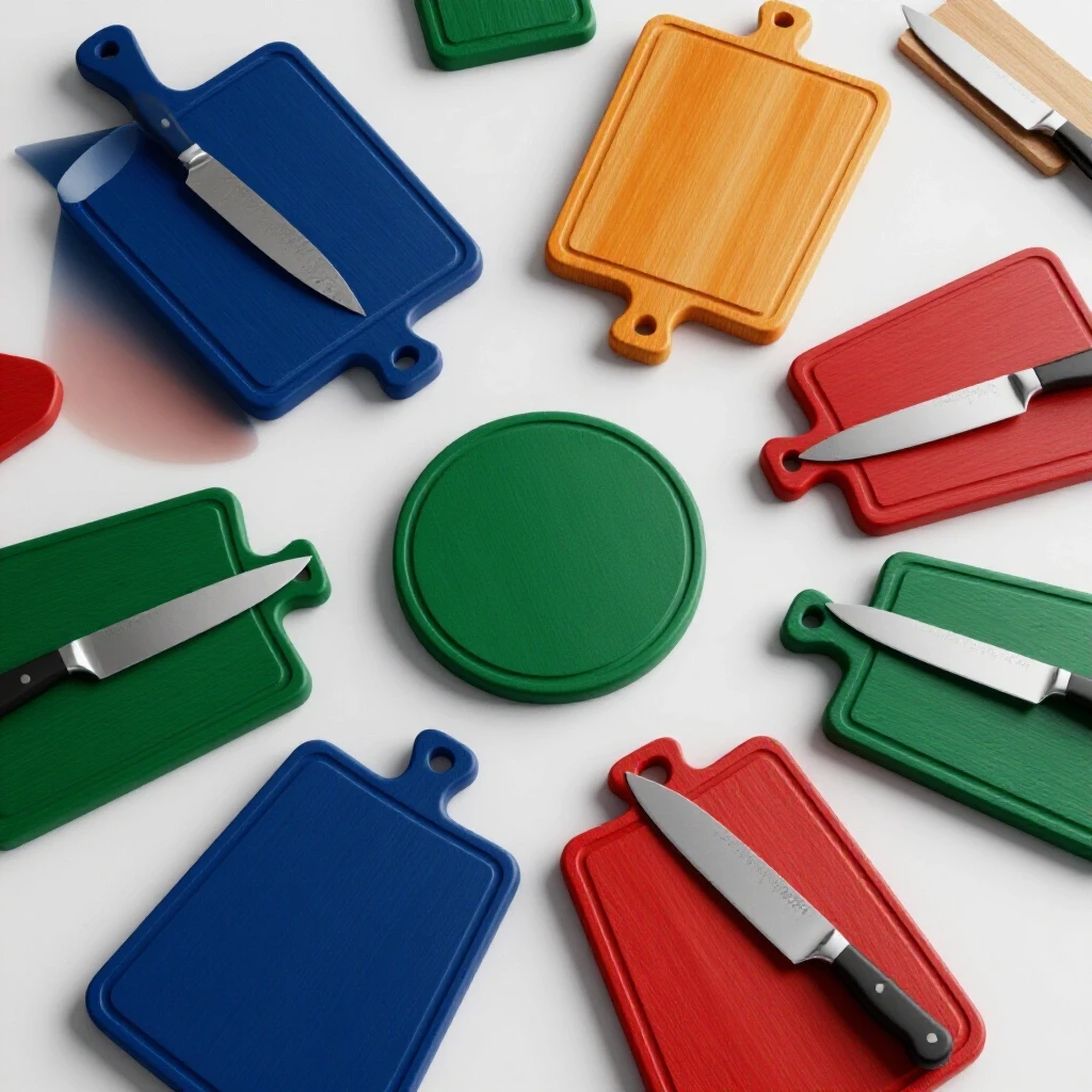 Variety of colorful cutting boards with contrasting knives, showing material differences and wear, against a clean background.