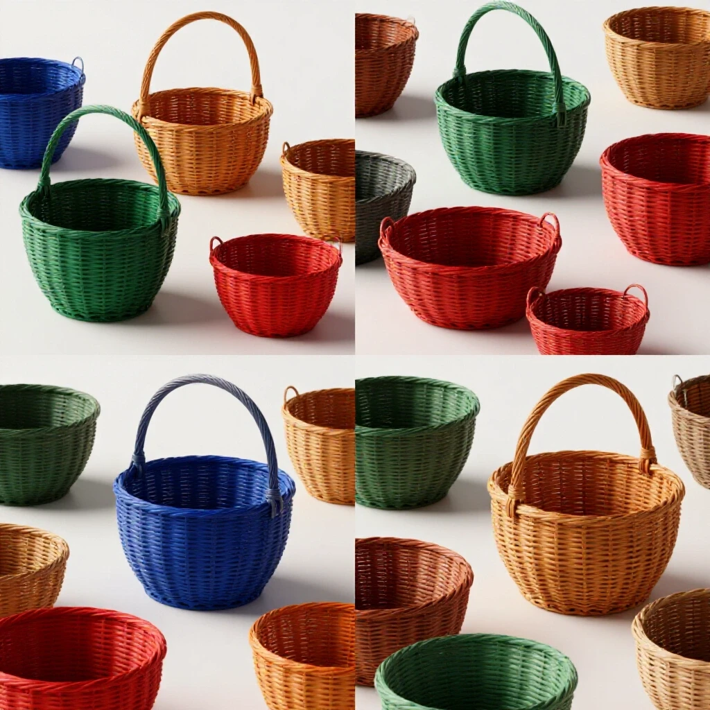 Aesthetic display of decorative baskets made from wicker, metal, and fabric, with close-up textures demonstrating their durability.