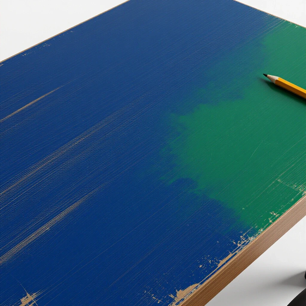 Comparison of pristine and distressed desk surfaces showcasing scratch resistance materials.