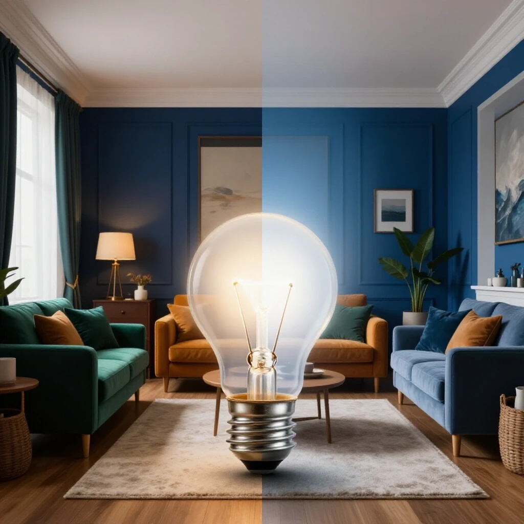 A split image contrasting a cozy, warmly lit room with a flickering light bulb, highlighting the impact of dimmer switches.