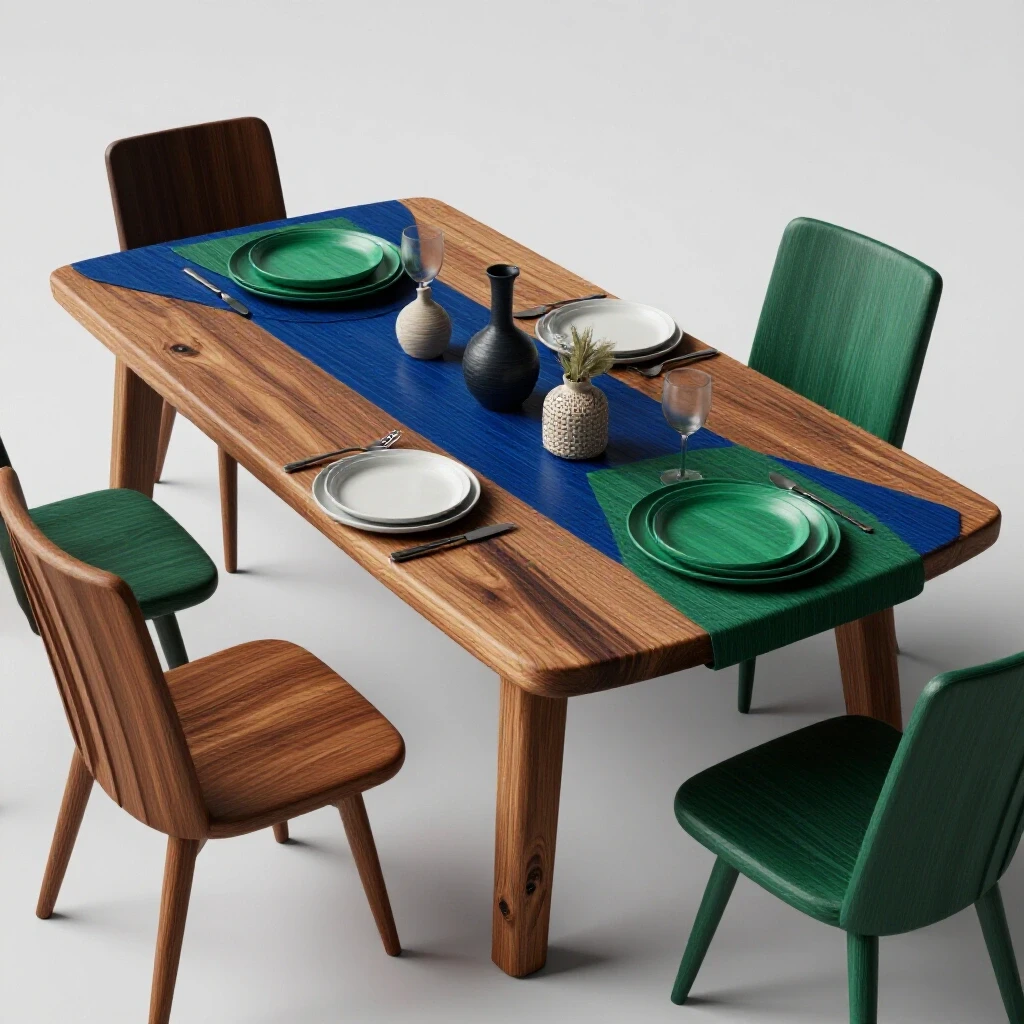 A beautifully set dining table showcasing rich colors and contrasting materials in a bright studio environment.