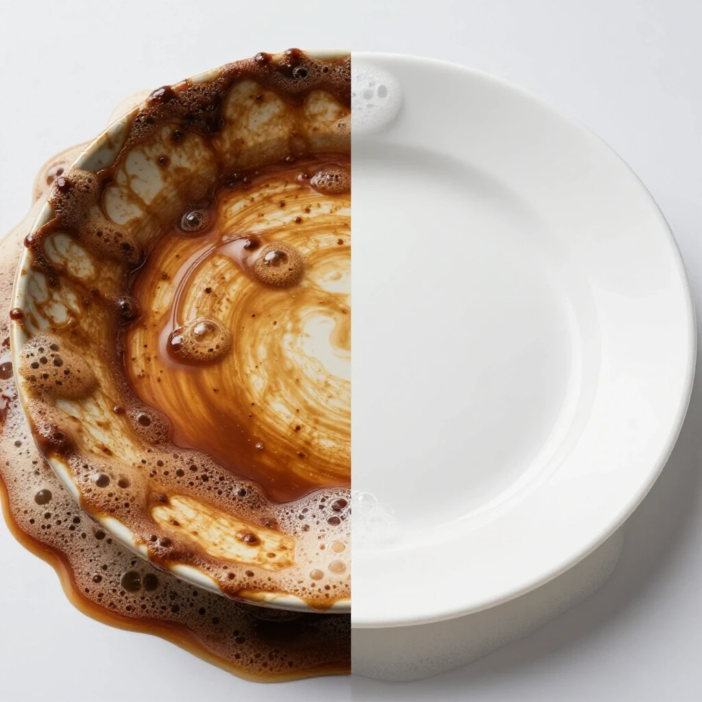 A vibrant split image showcasing a greasy dish on one side and a sparkling clean dish on the other, with soap bubbles illustrating transformation.