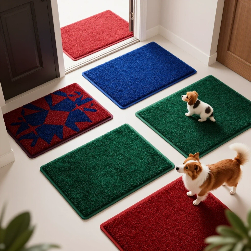 Vibrant entryway with various colorful door mats designed for pet mess control, featuring a playful pet.