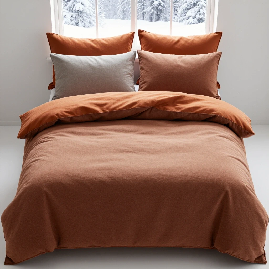 A cozy bed with a warm duvet insert against a snowy winter scene outside, evoking comfort and warmth.