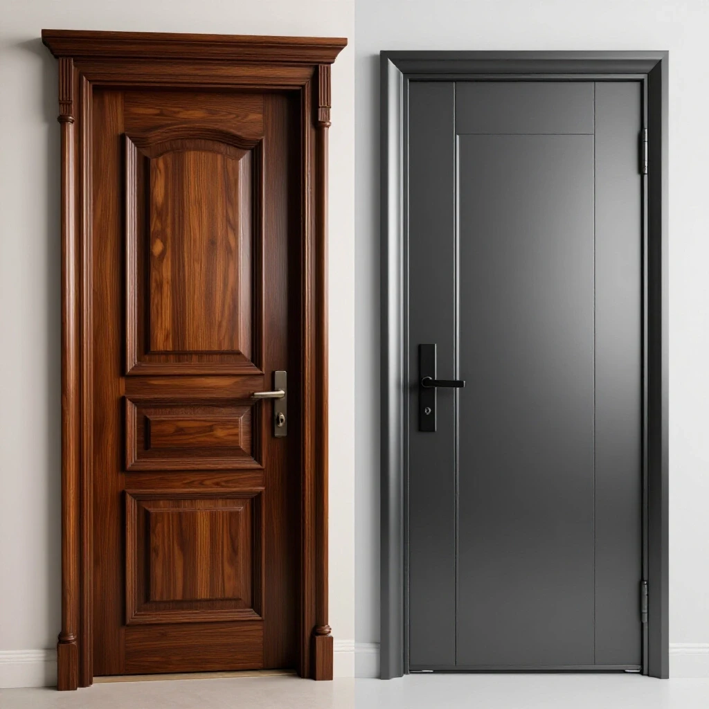 A split-screen comparison of a traditional wooden door with ornate details and a modern metal door, showcasing security options.