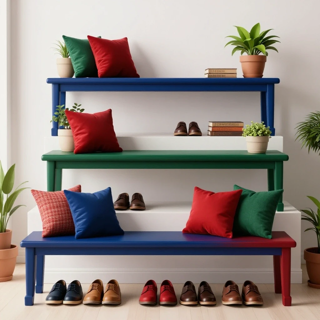 Stylish entryway featuring benches of different heights adorned with cushions and plants, set against a clean white background.