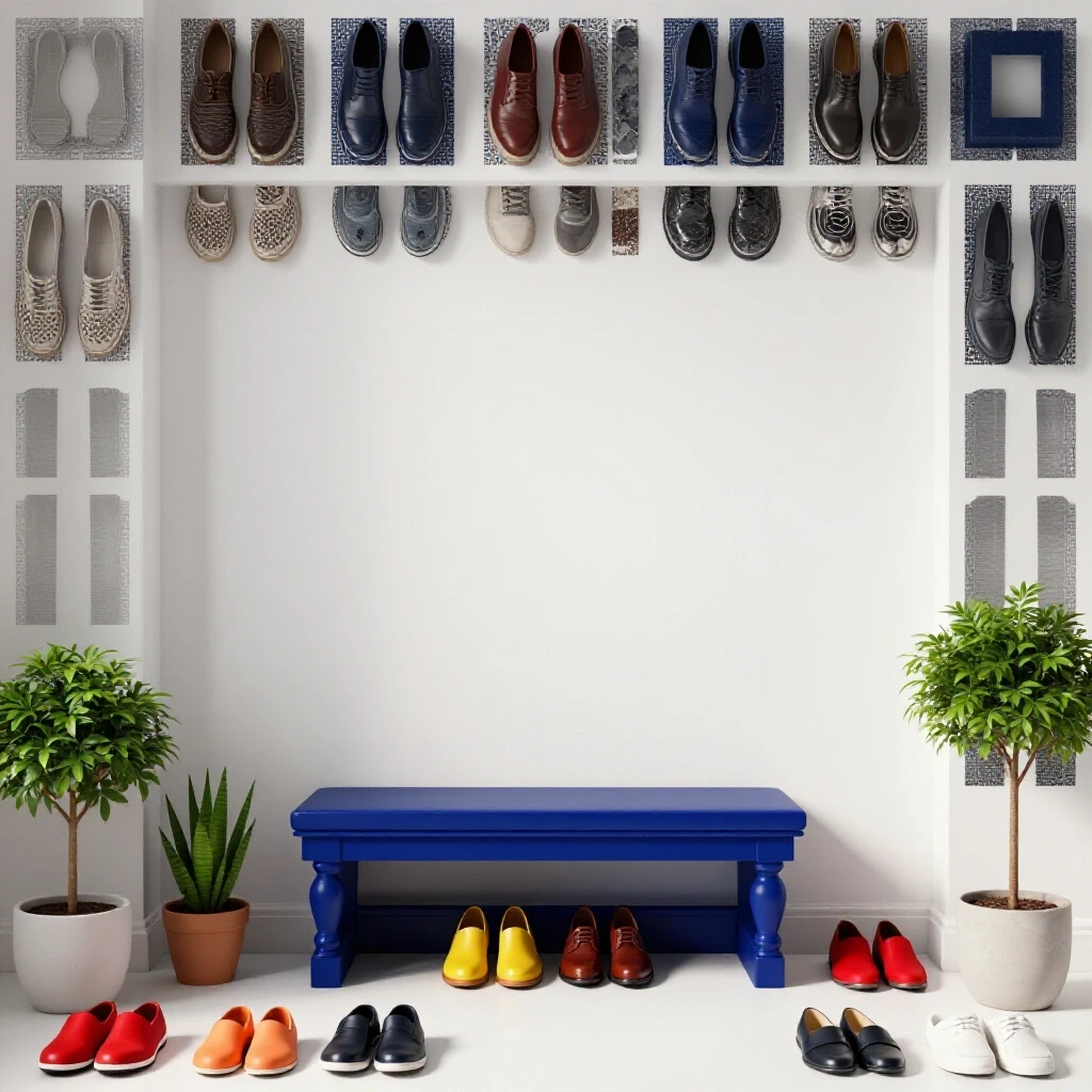 A stylish entryway featuring a royal blue bench with hidden storage, surrounded by organized decor elements like shoes and plants.