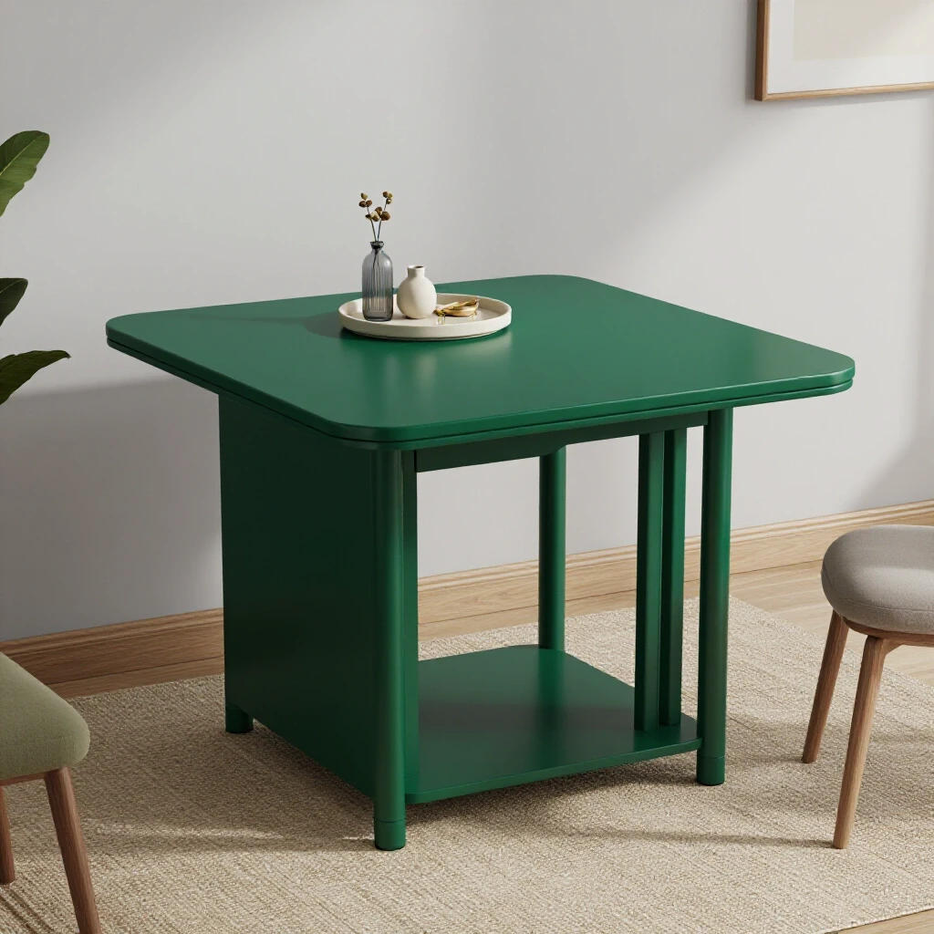 A stylish compact expandable table elegantly extended in a cozy small living room, showcasing deep emerald green color with minimalistic decor.