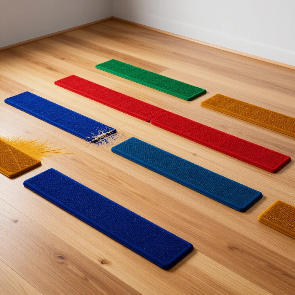 A vibrant comparison of floor protector pads on a glossy wooden floor, showcasing scratch marks and color contrast.