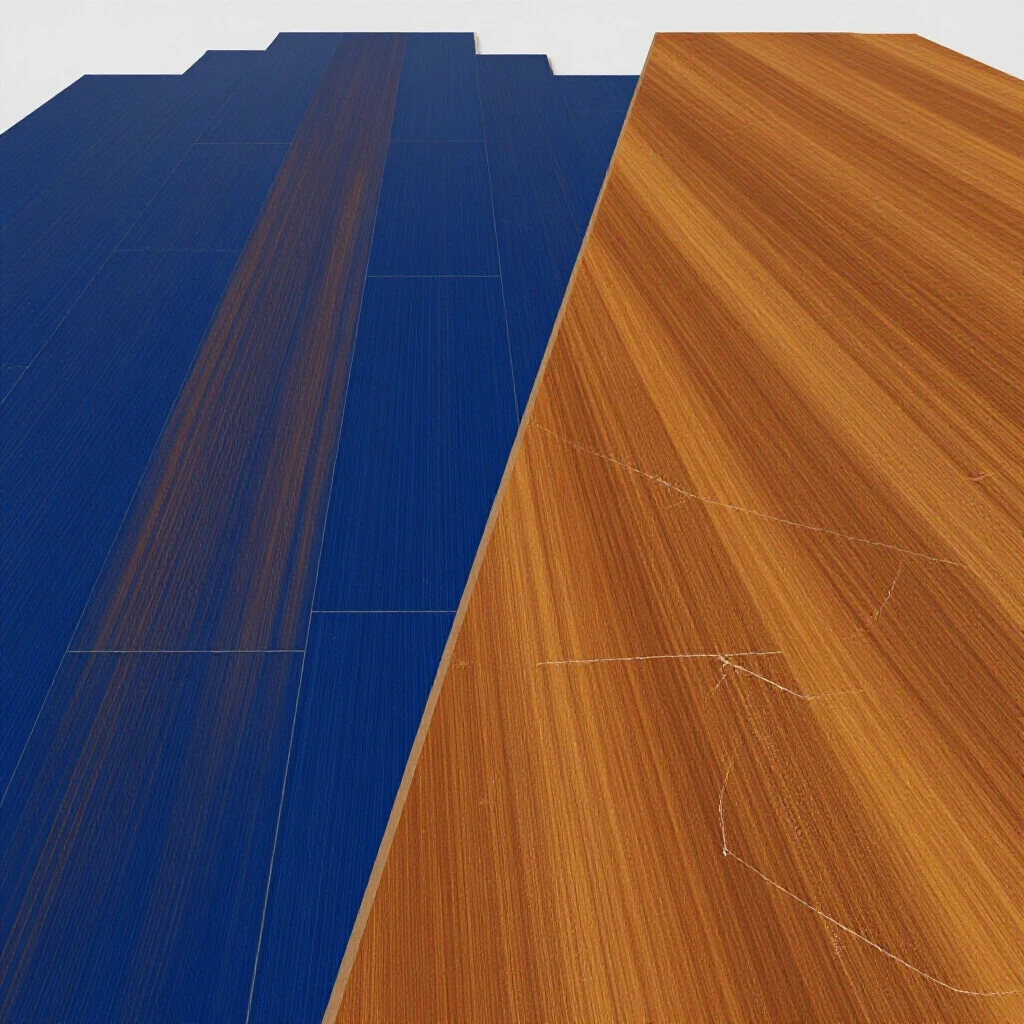 Contrasting flooring materials showcasing pristine vs. worn finishes, highlighting durability for high-traffic use.