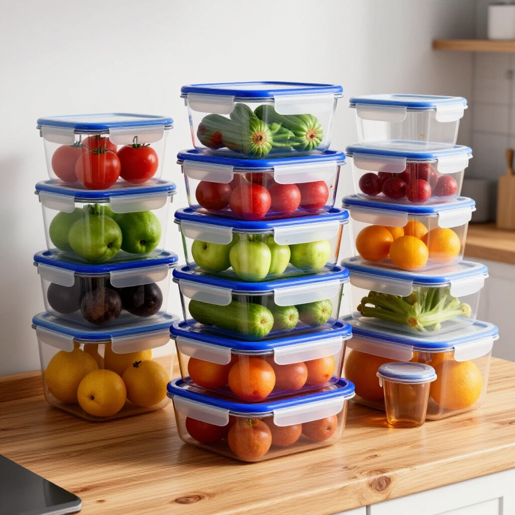 Vibrant kitchen scene with colorful food storage containers showcasing fresh fruits and vegetables on wooden countertop.