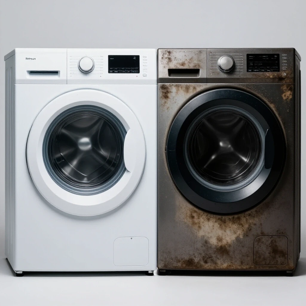 A split image of a clean front-load washer juxtaposed with a moldy washer, showcasing stark differences.