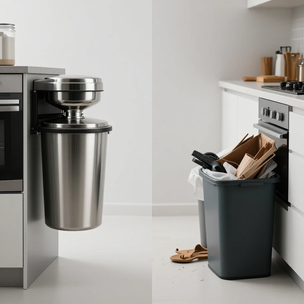 A split image of a modern kitchen with a garbage disposal unit on one side and a cluttered kitchen with trash bins on the other, highlighting the contrast of cleanliness and chaos.