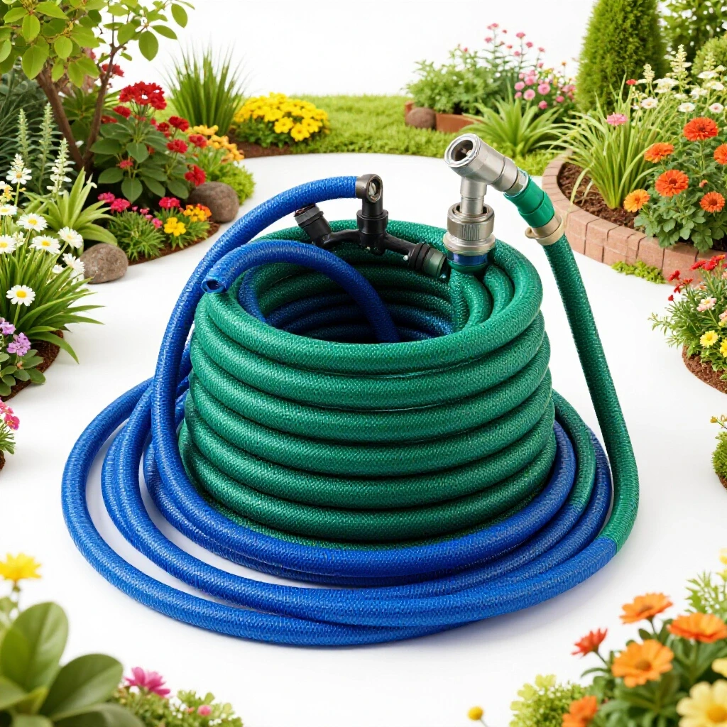 A visually striking image contrasting an organized garden hose storage solution with a chaotic tangled hose in a vibrant garden.