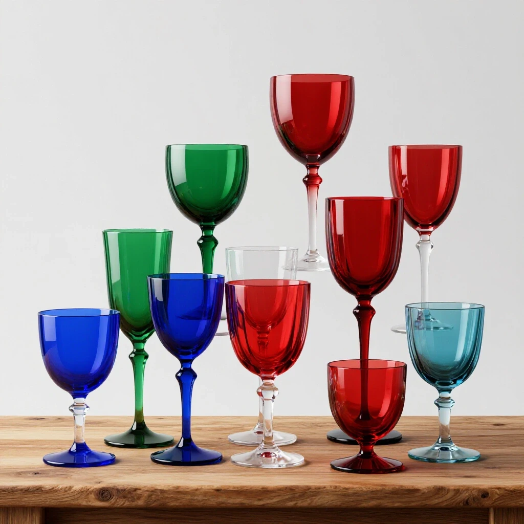 An elegant arrangement of colorful glassware on a rustic wooden surface, illuminated by soft light.