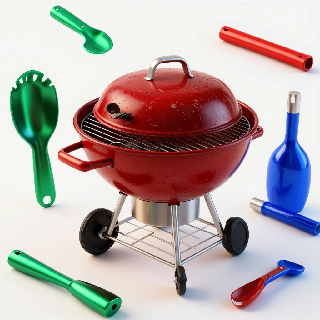 A rustic grill surrounded by shiny grill tools, evoking nostalgia and durability in warm lighting.