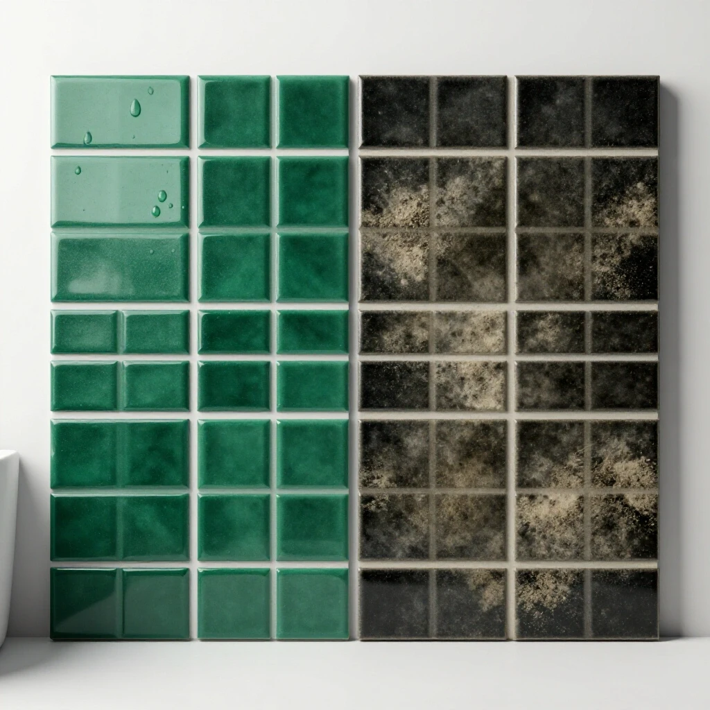 A comparison of two contrasting bathroom tiles: one shiny and clean showcasing effective grout sealing, and the other dull and moldy illustrating neglect.