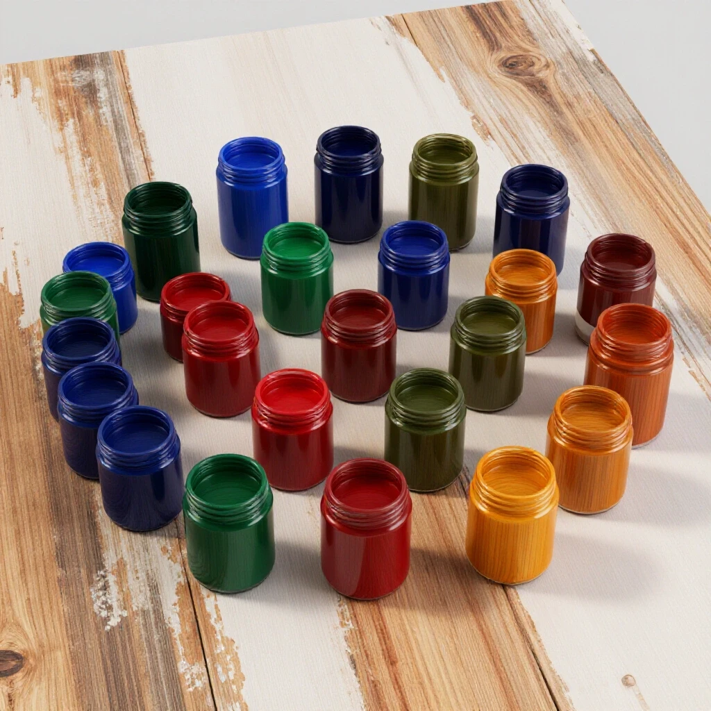 A collection of vibrant hardwood stain colors in jars placed on weathered wood, illustrating contrast and richness.