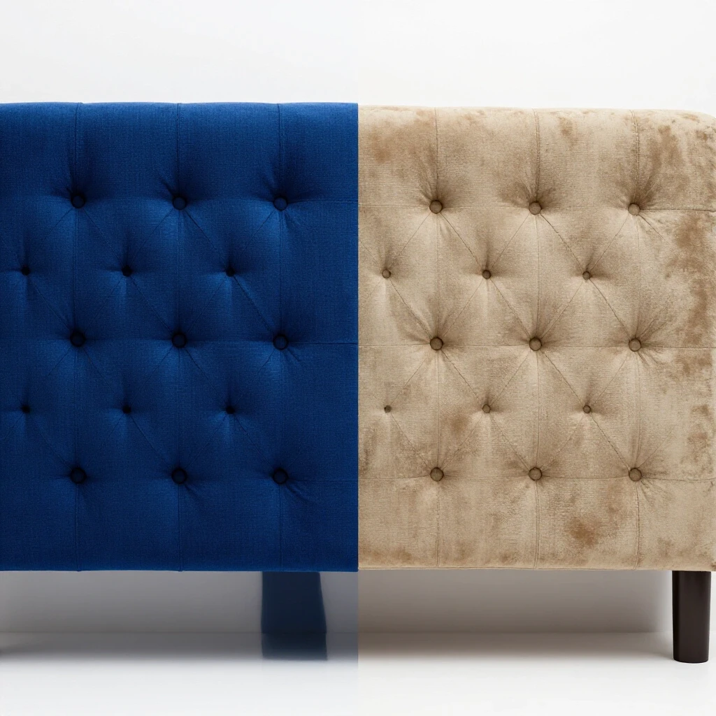 A split-screen comparison of a luxurious royal blue headboard and a worn beige version, showcasing textile differences.
