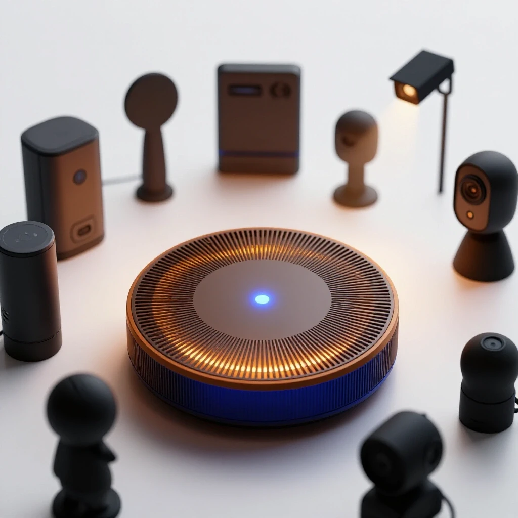 A glowing smart home hub surrounded by abstract silhouettes of home appliances, showcasing home automation capabilities.