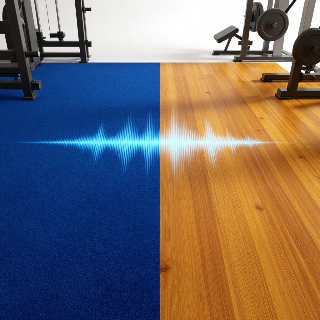Vibrant home gym scene showing contrasting flooring materials: soft cushioned side and hard echoing side with sound waves.