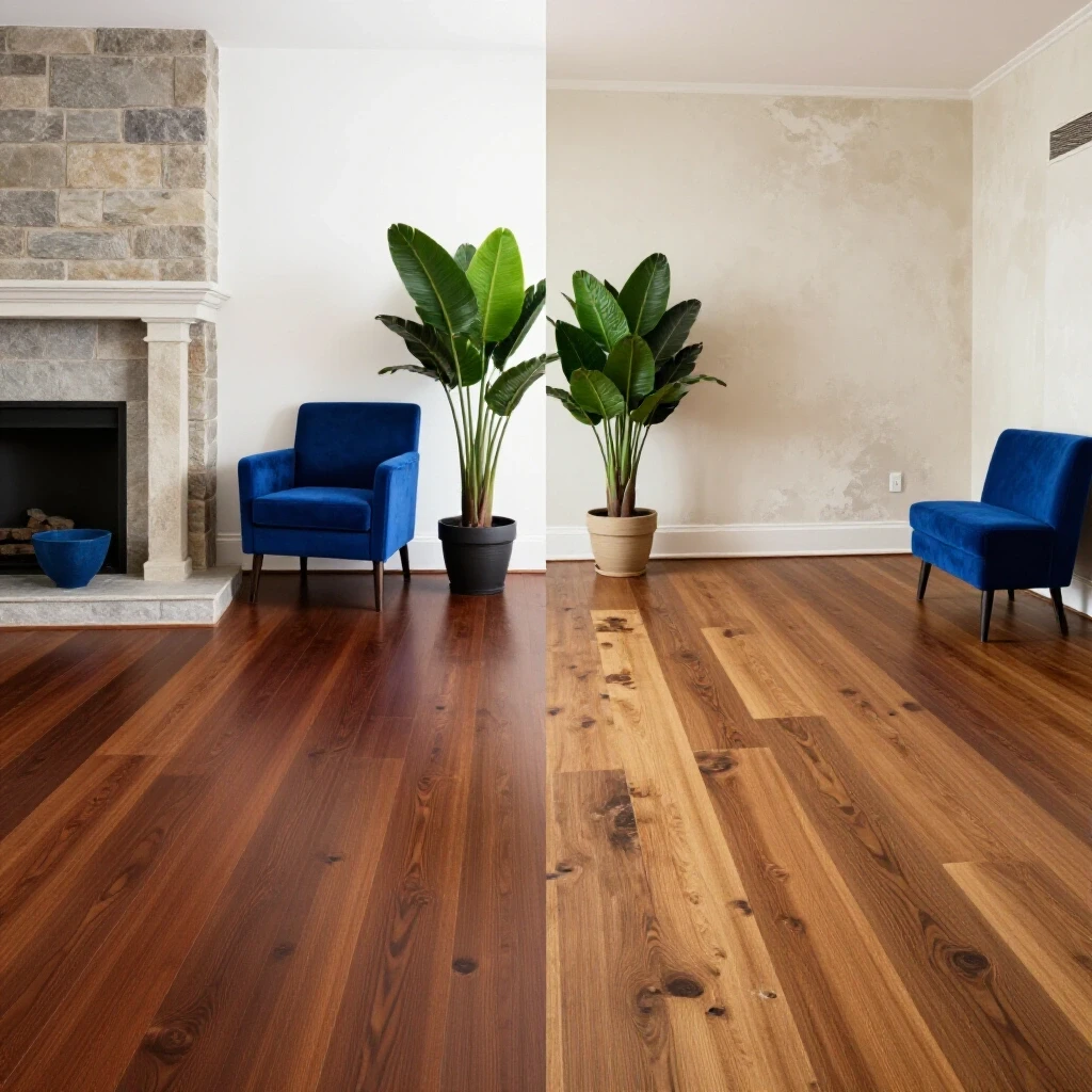A striking visual comparison of durable hardwood interior vs worn-out laminate interior showcasing design and material differences.