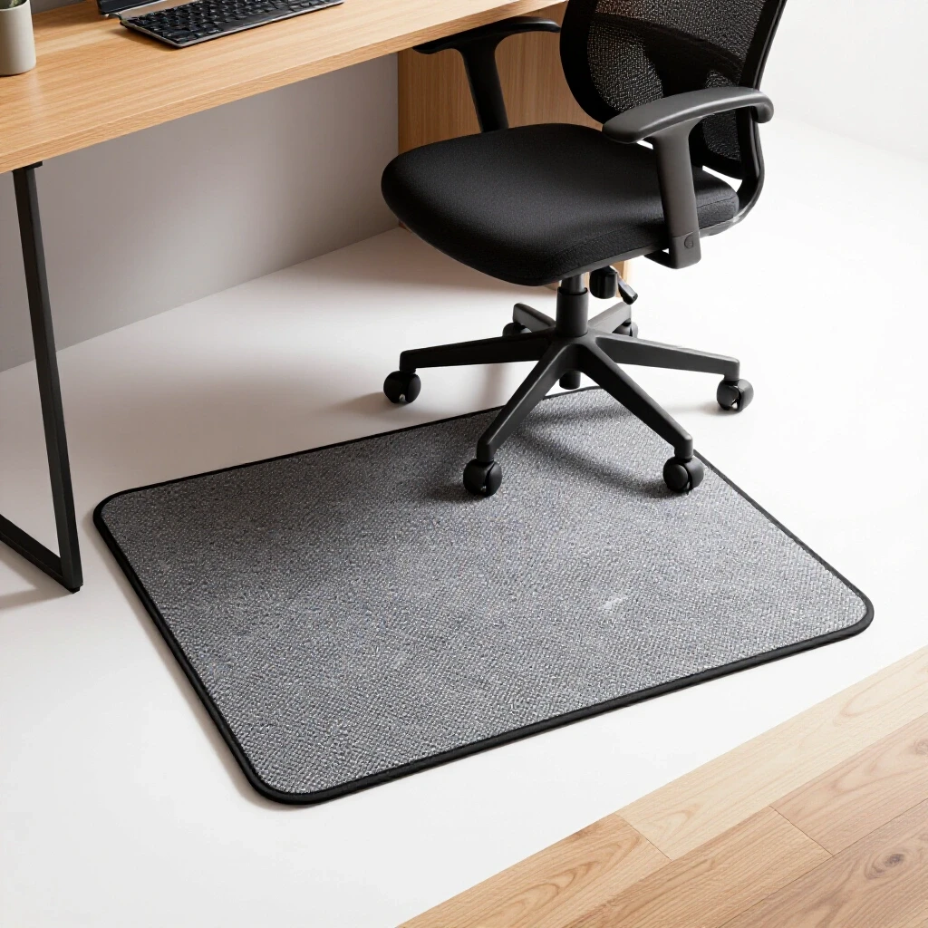 A vibrant home office chair mat contrasting with a dull, worn-out floor beneath a traditional chair, showcasing floor protection.