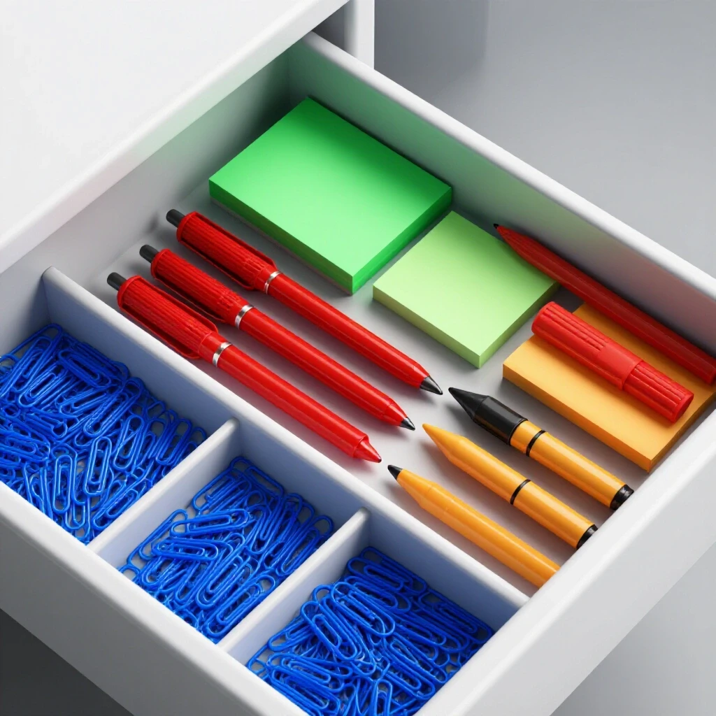 An organized drawer featuring vivid office supplies like blue paper clips and green sticky notes, showcased from above.