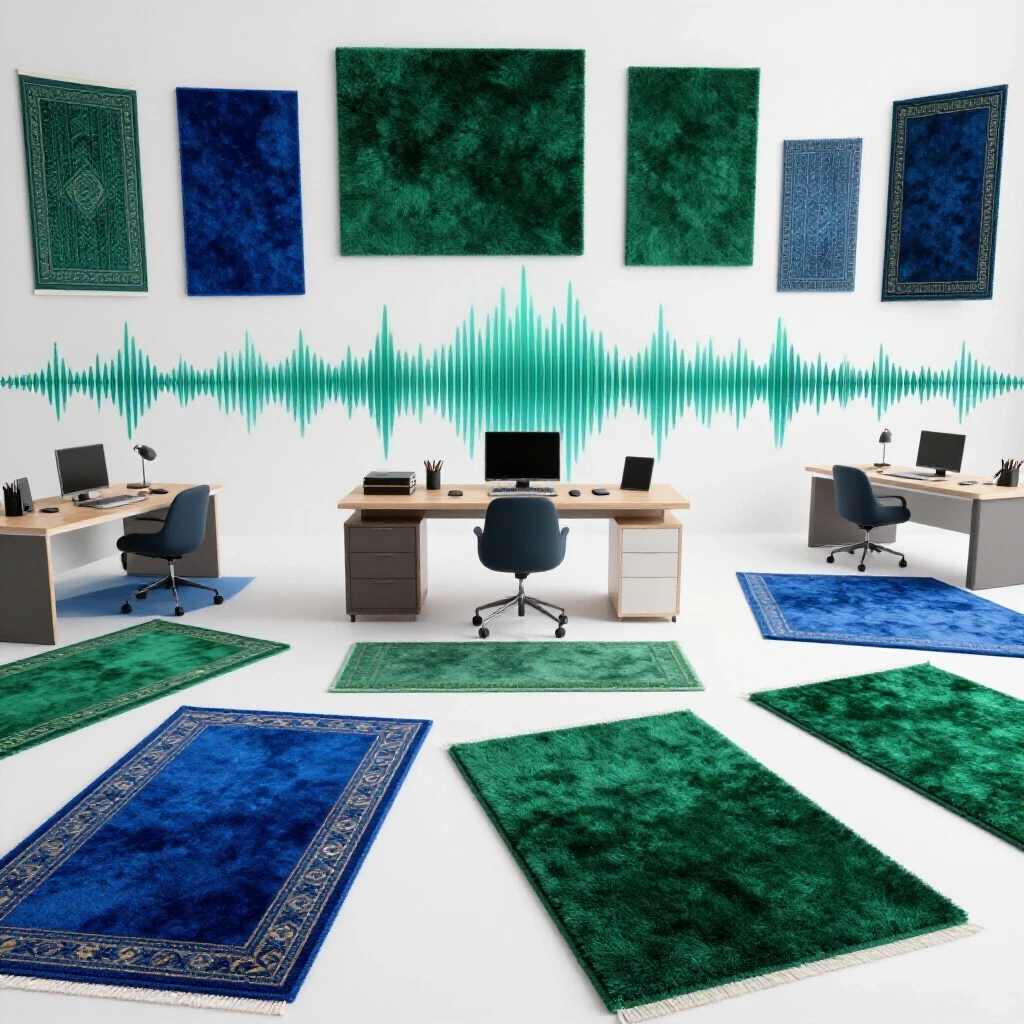 Stylish home office with colorful acoustic rugs displayed dynamically, showcasing sound absorption features.